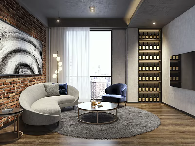 Modern Wine Cellar Interior With Brick Wall Wine Racks Bottles Sofa And Large Window 3d model