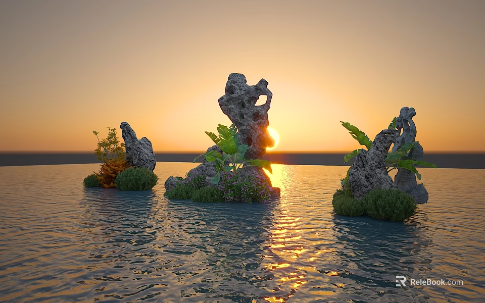 Garden Ornament Rock Scenery With Green Plants Leaves On Sunset Water Surface Golden Reflections 3d model 