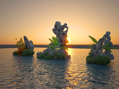 Garden Ornament Rock Scenery With Green Plants Leaves On Sunset Water Surface Golden Reflections 3d model