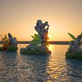 Garden Ornament Rock Scenery With Green Plants Leaves On Sunset Water Surface Golden Reflections
