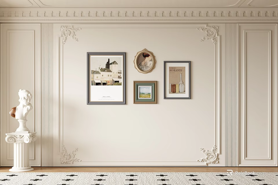 Elegant Sofa Background Wall With Framed Art And Ornamental Moldings 3d model 
