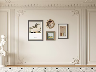 Elegant Sofa Background Wall With Framed Art And Ornamental Moldings 3d model