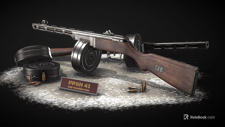 Vintage PPSh 41 Submachine Gun Display With Wooden Stock Drum Magazine Branded Sign And Bullets 3d model 