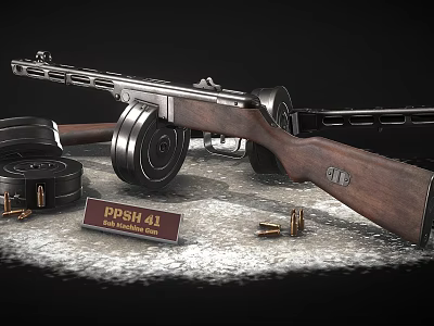Vintage PPSh 41 Submachine Gun Display With Wooden Stock Drum Magazine Branded Sign And Bullets 3d model