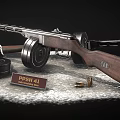 Vintage PPSh 41 Submachine Gun Display With Wooden Stock Drum Magazine Branded Sign And Bullets