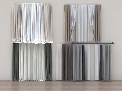 Various Colored Curtains With Different Styles Hanging On Display Against White Wall And Wooden Floor 3d model