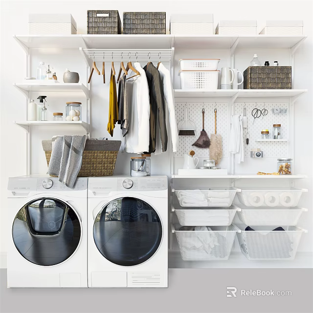 Efficient Bathroom Cabinet Rack With Washing Machines Dryers Shelves And Storage Baskets 3d model 