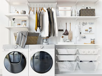 Efficient Bathroom Cabinet Rack With Washing Machines Dryers Shelves And Storage Baskets 3d model