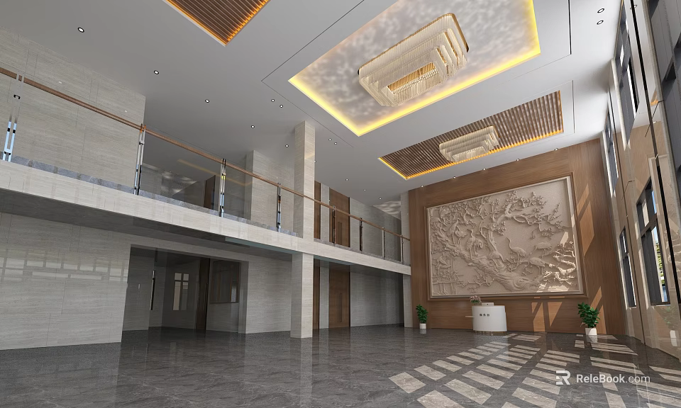 Bright Spacious Service Hall With Two Floors Ceiling Design Marble Floor And Relief Sculpture 3d model 