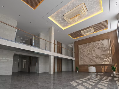Bright Spacious Service Hall With Two Floors Ceiling Design Marble Floor And Relief Sculpture 3d model