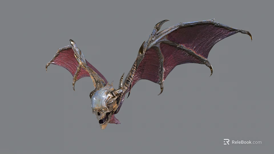 Mythical Bat With Metallic Purple Wings And Skull Head In Flight 3d model 