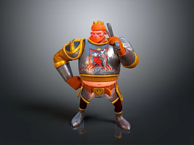 Cartoon Knight Character With Golden Crown Silver Armor Sword And Kingdom Emblem 3d model