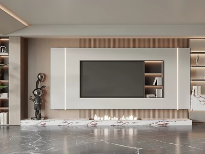 Modern TV Wall Design With Wooden Slats Marble Base And Built In Shelves 3d model