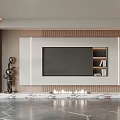 Modern TV Wall Design With Wooden Slats Marble Base And Built In Shelves