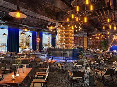 Stylish Industrial Bar Interior With Pendant Lights Bar Counter Seating Area And City View 3d model