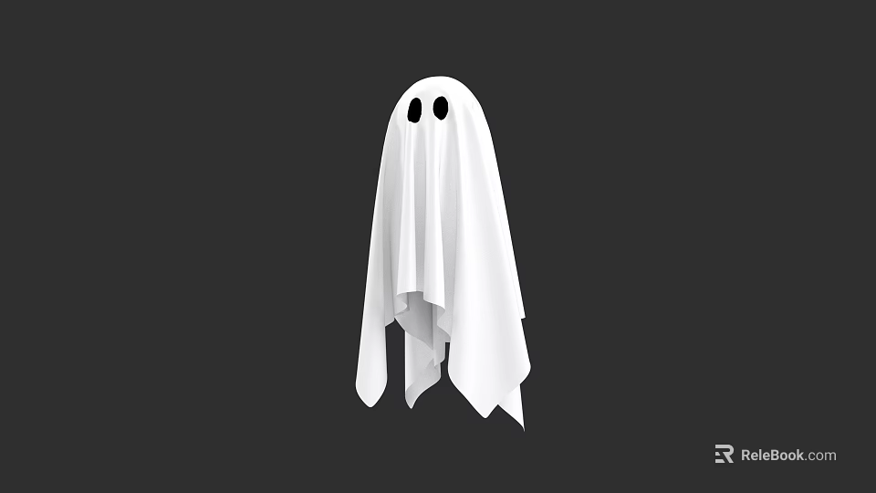 White Ghost Shaped Cloth Doll With Black Eyes On Black Background 3d model 
