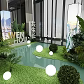 Modern Indoor Landscape With Green Plants Round White Lights Water Pool And Decorative Screens