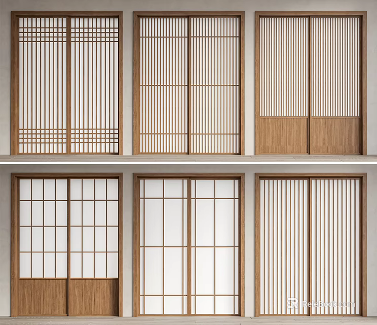 Modern Wooden Sliding Doors With Grid Patterns And Vertical Bars For Interior Partition 3d model