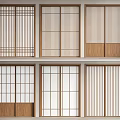 Modern Wooden Sliding Doors With Grid Patterns And Vertical Bars For Interior Partition 3d model