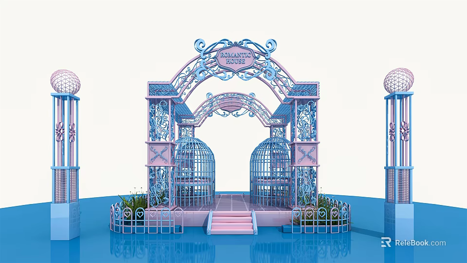 Ornate Pink And Blue Decorative Archway With Birdcages Steps Railings And Plants 3d model 