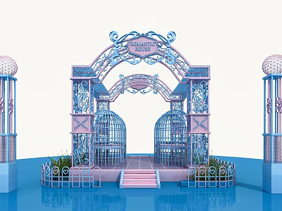 Ornate Pink And Blue Decorative Archway With Birdcages Steps Railings And Plants 3d model