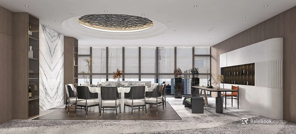 Modern Private Dining Room Interior With Round Ceiling Light Large Windows And Dining Table Chairs 3d model