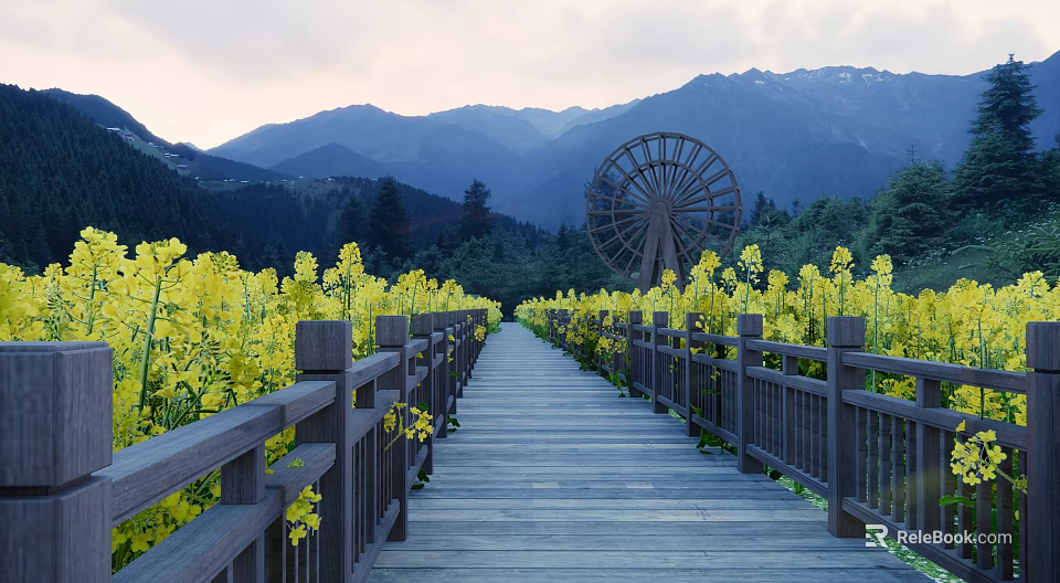 Rural Landscape With Wooden Walkway Yellow Rapeseed Fields Large Windmill And Distant Mountains 3d model 