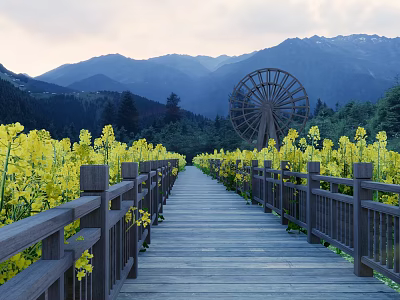 Rural Landscape With Wooden Walkway Yellow Rapeseed Fields Large Windmill And Distant Mountains 3d model