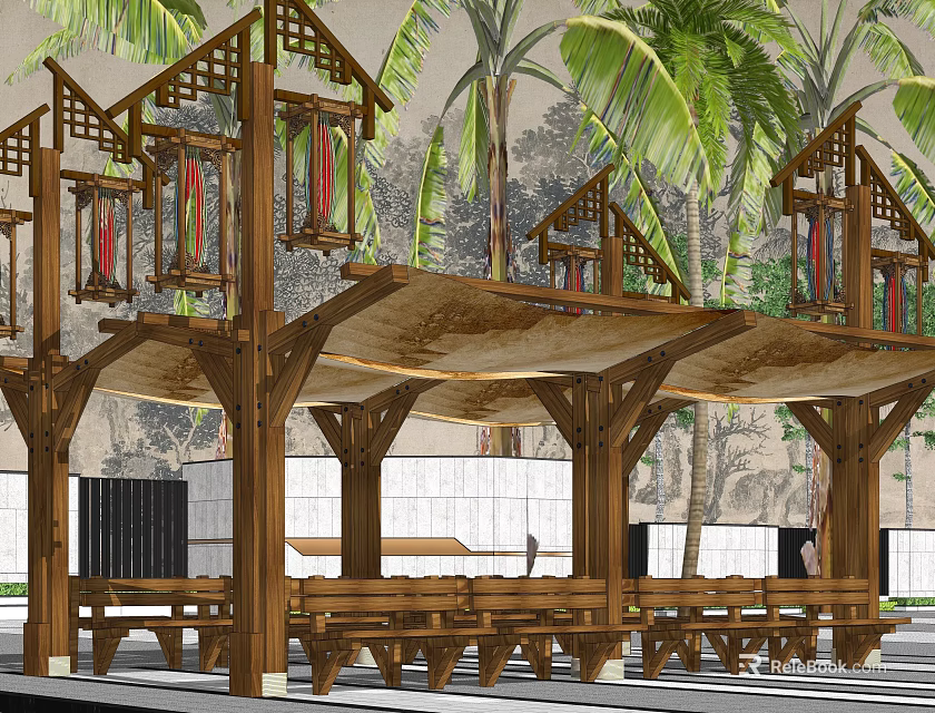 Traditional Wooden Outdoor Canopy Structure With Palm Trees And Benches 3d model 