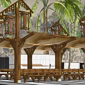 Traditional Wooden Outdoor Canopy Structure With Palm Trees And Benches