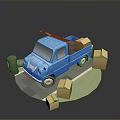 Small Blue Cargo Van With Boxes In Cargo Area Scattered Cardboard Boxes And Barrels Nearby