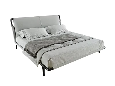 Modern Double Bed With Gray Upholstered Headboard Black Metal Frame And Pillows 3d model
