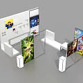 White Exhibition Booth With Multiple Display Panels And Colorful Posters 3d model
