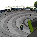Scenic Plaza Area With Cherry Blossom Trees Green Grass Paved Path And Umbrellas