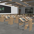 Modern School Classroom Interior With Blackboard Student Desks Ceiling Lights And Windows 3d model