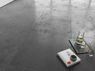 Modern Gray Textured Floor Tiles In Living Interior Space With Magazine Glass Vase And Tray 3d model