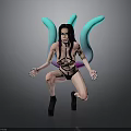 Woman With Black Hair In Black Bikini And Blue Purple Wings Crouching Against Gray Background