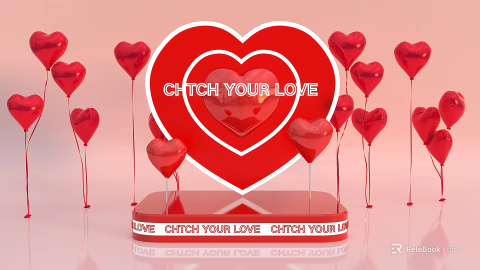 Red Heart Shaped Inflatable Decor with Catch Your Love Text and Red Balloons 3d model 