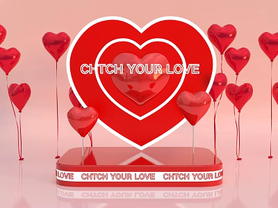 Red Heart Shaped Inflatable Decor with Catch Your Love Text and Red Balloons 3d model