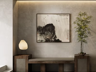 Traditional Landscape Painting On Wall With Bamboo Plant Table Lamp And Wooden Bench 3d model