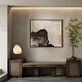 Traditional Landscape Painting On Wall With Bamboo Plant Table Lamp And Wooden Bench
