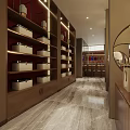Elegant Boutique Interior With Wooden Shelves Round Mirror Display Counter And Warm Lighting