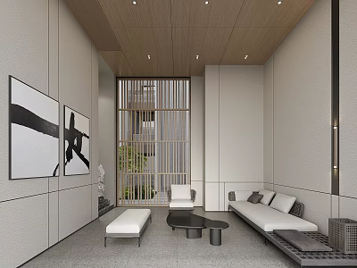 Modern Interior With Wooden Ceiling Black White Abstract Paintings Wooden Lattice Screen Sofa And Greenery 3d model