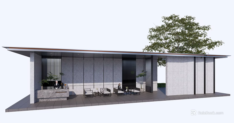 Modern Outdoor Pergola With Stone Walls Glass Panels And Seating Area 3d model 