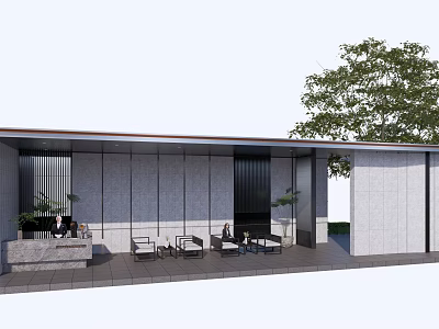 Modern Outdoor Pergola With Stone Walls Glass Panels And Seating Area 3d model