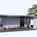 Modern Outdoor Pergola With Stone Walls Glass Panels And Seating Area
