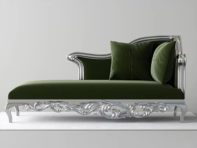 Green Velvet Chaise Lounge With Silver Ornate Frame And Plush Pillows 3d model