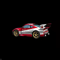 Red and White Streamlined Racing Car with Black Hood Gold Wheels Rear Spoiler and Logos