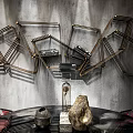 Geometric Wall Mounted Shelves With Modern Metallic Frame And Stacked Books For Contemporary Room Decoration