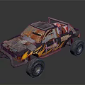 Off Road Truck With Large Tires Flame Decals Rusty Patched Body And Roof Rack